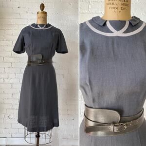 Vintage 1950s gray linen wiggle dress trompe l'oeil classic 50s fashion med mcm